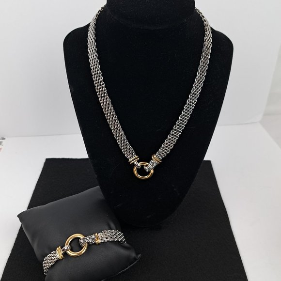 Mesh Chain Necklace & Bracelet Set with Donut Pendant Silver & Gold Tone - Picture 2 of 15